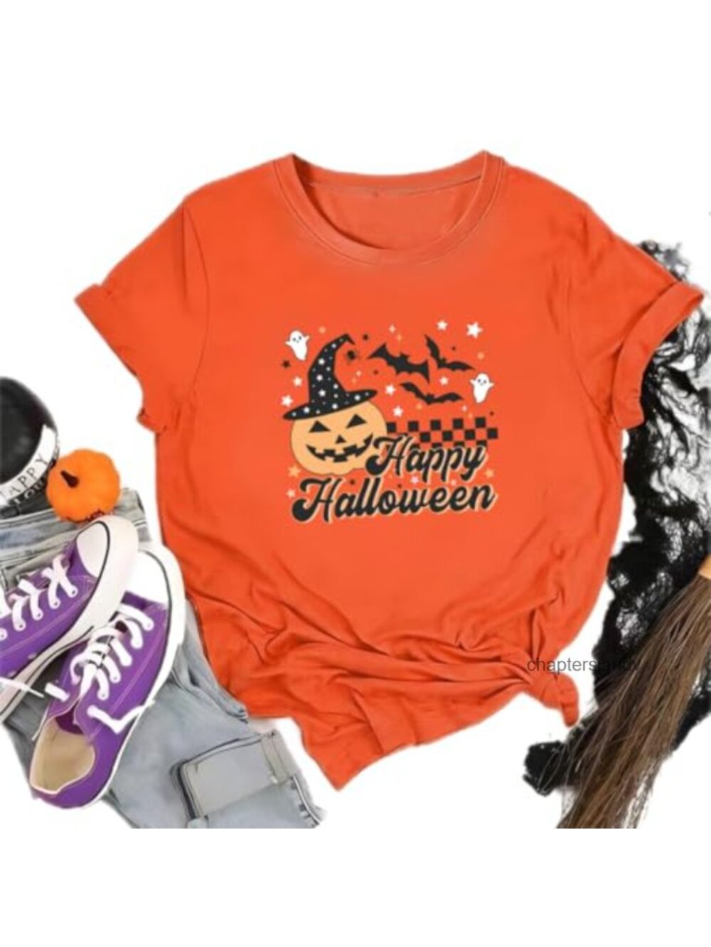 Women's Halloween Pumpkin Graphic Tee Crew Neck Short Sleeve Fall Top